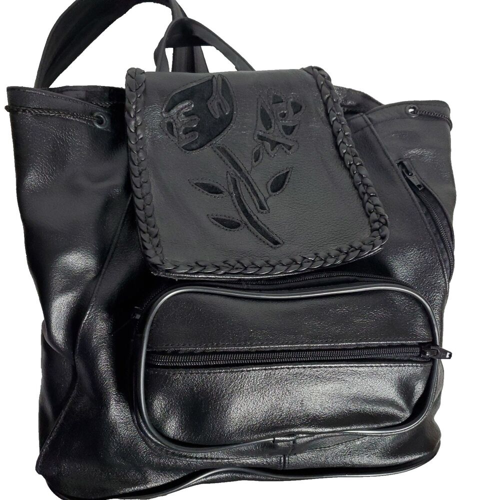 Vtg. Style Black Floral Embossed Leather Convertible Backpack